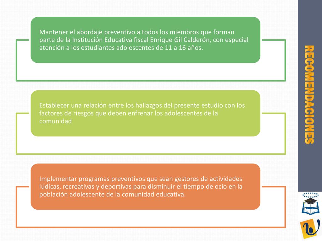 Mantener el abordaje preventivo a todos los miembros que forman parte de la Institución Educativa fiscal Enrique Gil Calderón, con especial atención a los estudiantes adolescentes de 11 a 16 años.