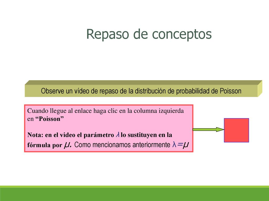 Repaso de conceptos Observe un vídeo de repaso de la distribución de probabilidad de Poisson.