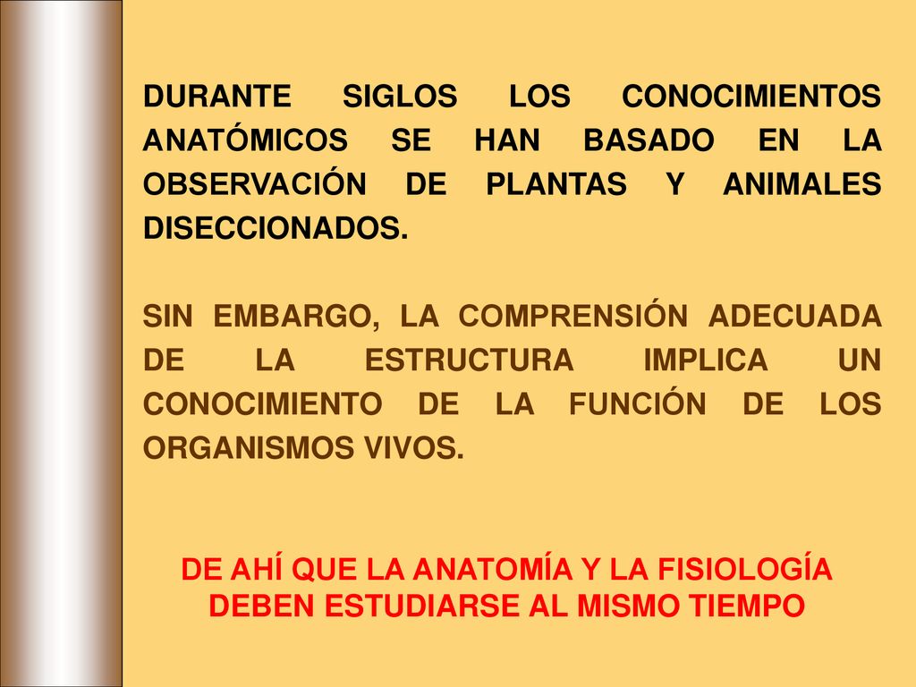 DURANTE SIGLOS LOS CONOCIMIENTOS ANATÓMICOS SE HAN BASADO EN LA OBSERVACIÓN DE PLANTAS Y ANIMALES DISECCIONADOS.