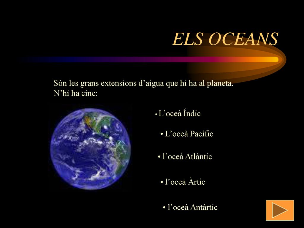 ELS OCEANS Són les grans extensions d’aigua que hi ha al planeta. N’hi ha cinc: L’oceà Índic. L’oceà Pacífic.