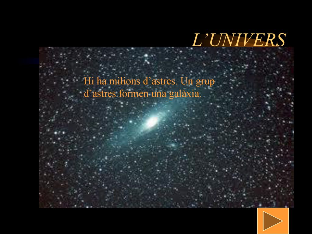 L’UNIVERS Hi ha milions d’astres. Un grup d’astres formen una galàxia.