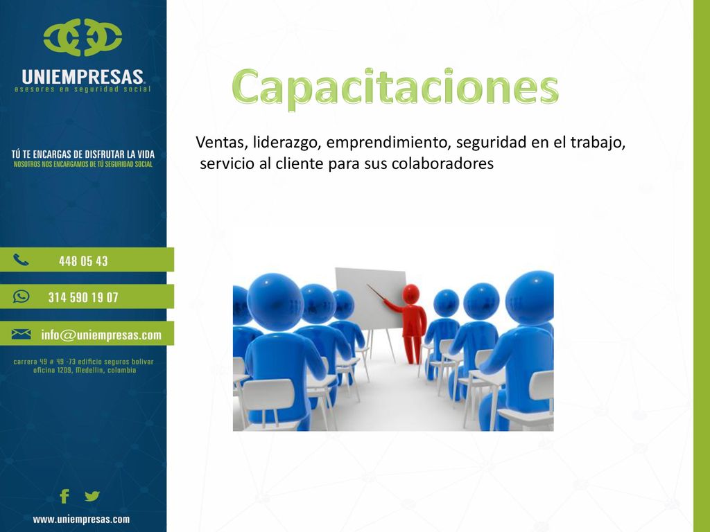 Capacitaciones Ventas, liderazgo, emprendimiento, seguridad en el trabajo, servicio al cliente para sus colaboradores.