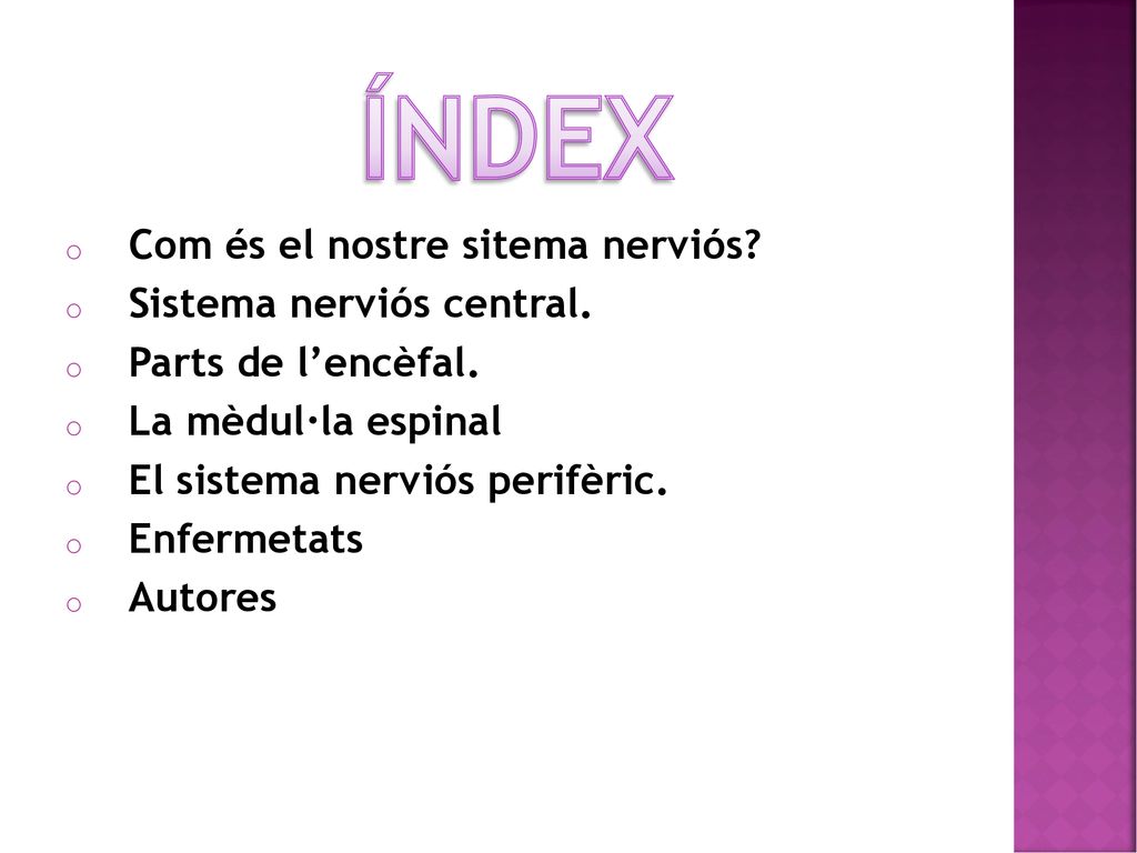ÍNDEX índex Com és el nostre sitema nerviós Sistema nerviós central.