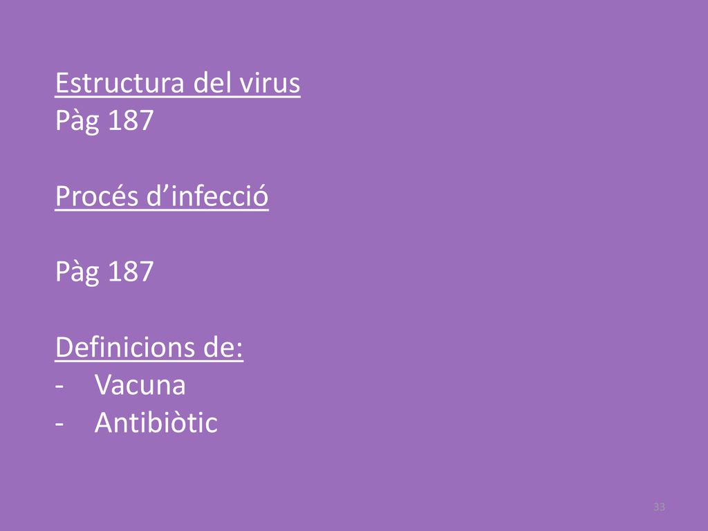 Estructura del virus Pàg 187 Procés d’infecció Definicions de: Vacuna Antibiòtic