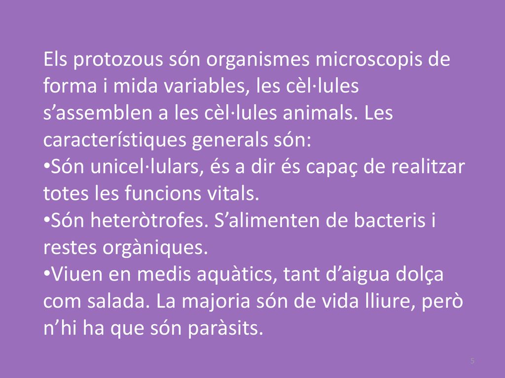 Els protozous són organismes microscopis de forma i mida variables, les cèl·lules s’assemblen a les cèl·lules animals. Les característiques generals són: