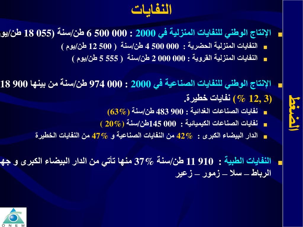 النفايات الإنتاج الوطني للنفايات المنزلية في 2000 : طن/سنة ( طن/يوم)