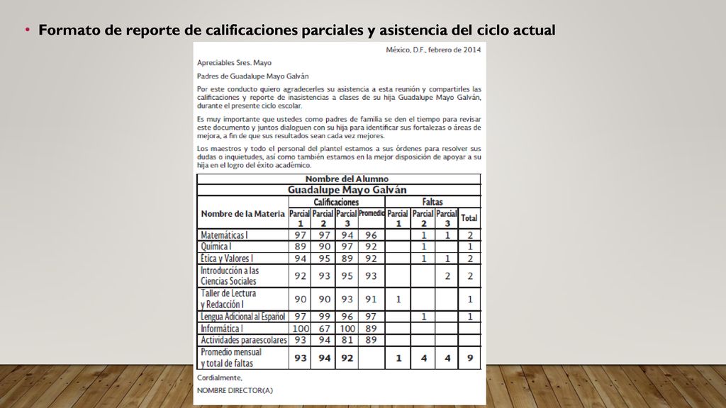 Formato de reporte de calificaciones parciales y asistencia del ciclo actual