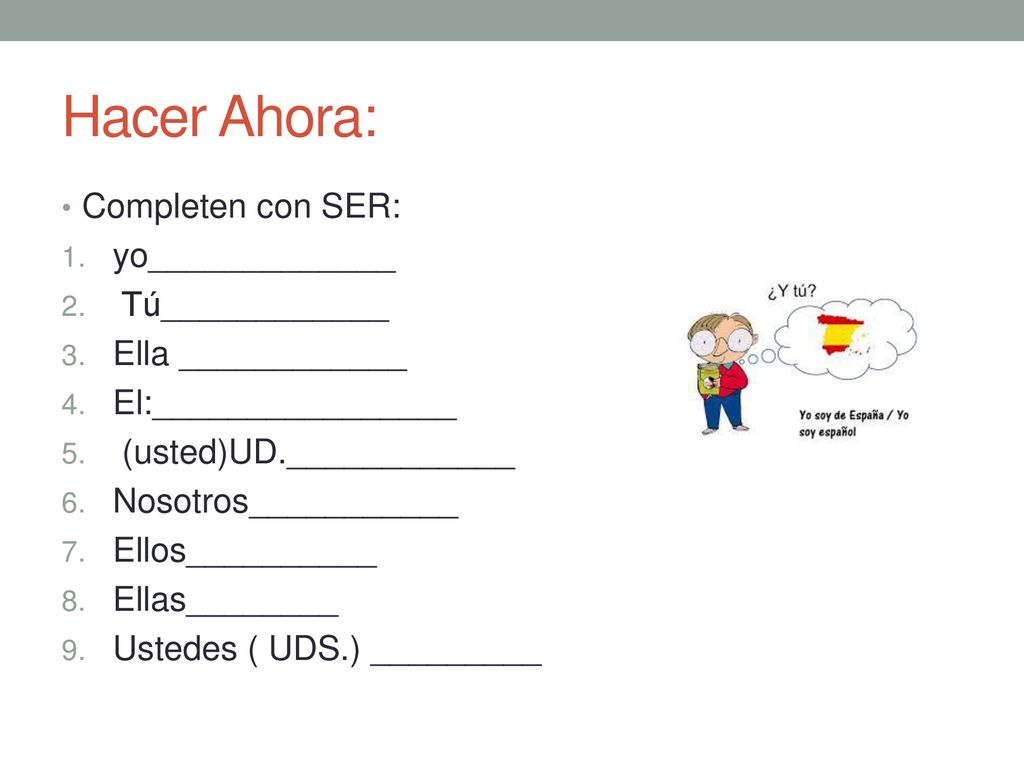 Hacer Ahora: Completen con SER: yo_____________ Tú____________