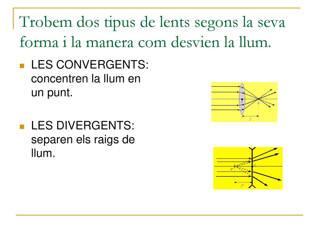 Trobem dos tipus de lents segons la seva forma i la manera com desvien la llum.