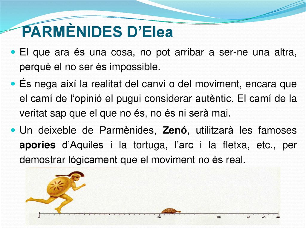 PARMÈNIDES D’Elea El que ara és una cosa, no pot arribar a ser-ne una altra, perquè el no ser és impossible.