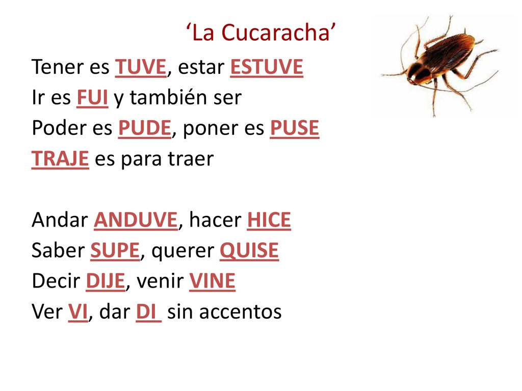 ‘La Cucaracha’ Tener es TUVE, estar ESTUVE Ir es FUI y también ser