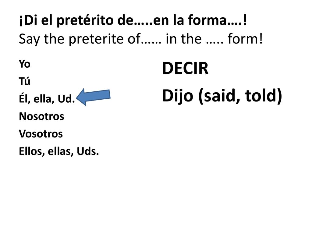 ¡Di el pretérito de…. en la forma…. Say the preterite of…… in the …