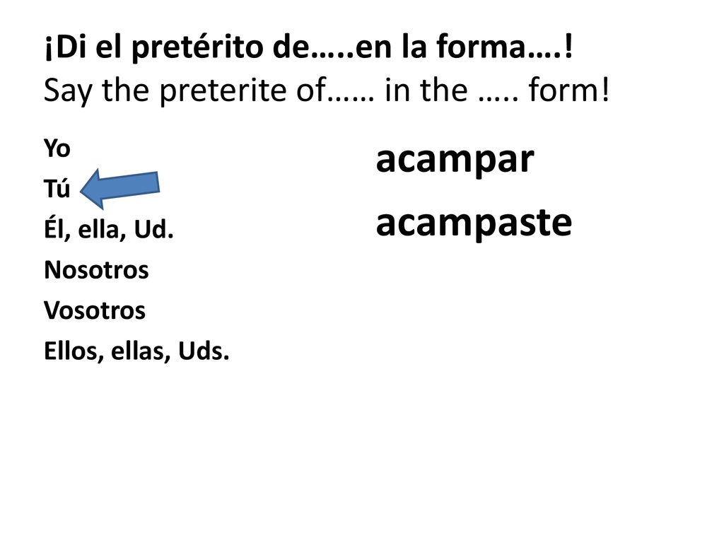 ¡Di el pretérito de…. en la forma…. Say the preterite of…… in the …