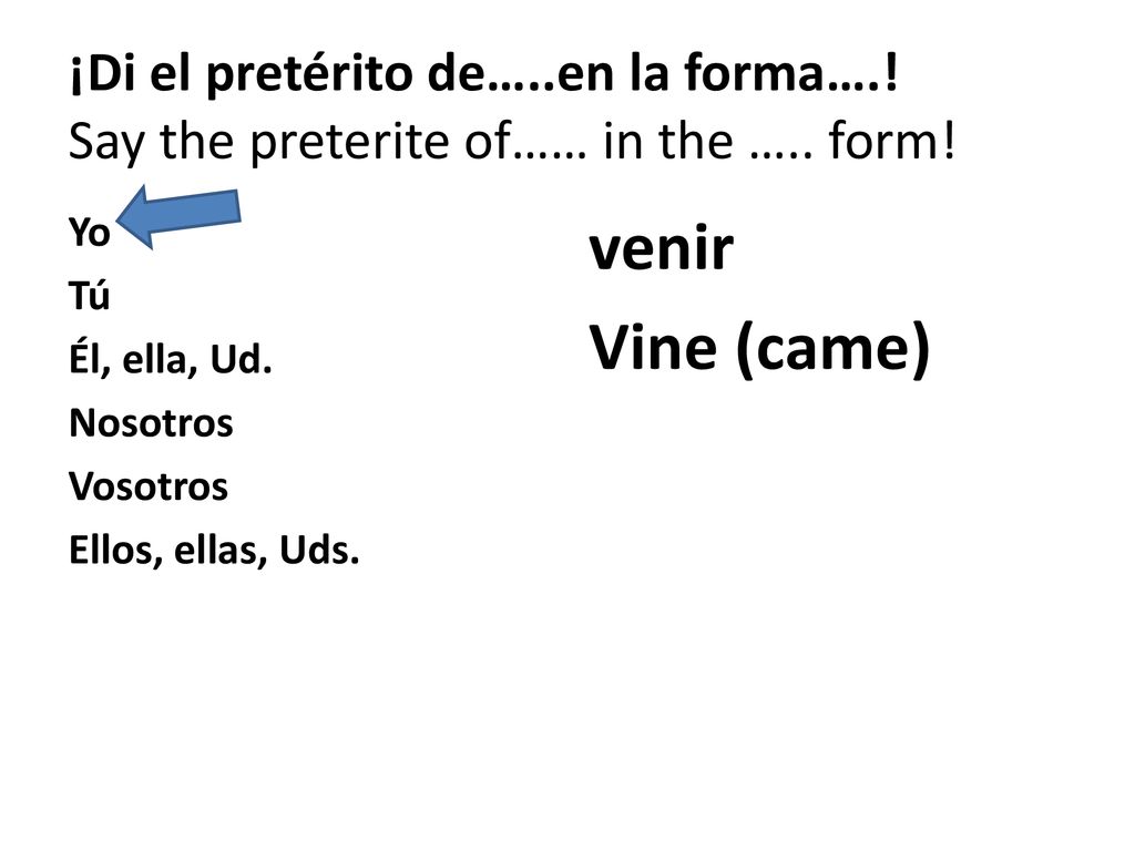 ¡Di el pretérito de…. en la forma…. Say the preterite of…… in the …