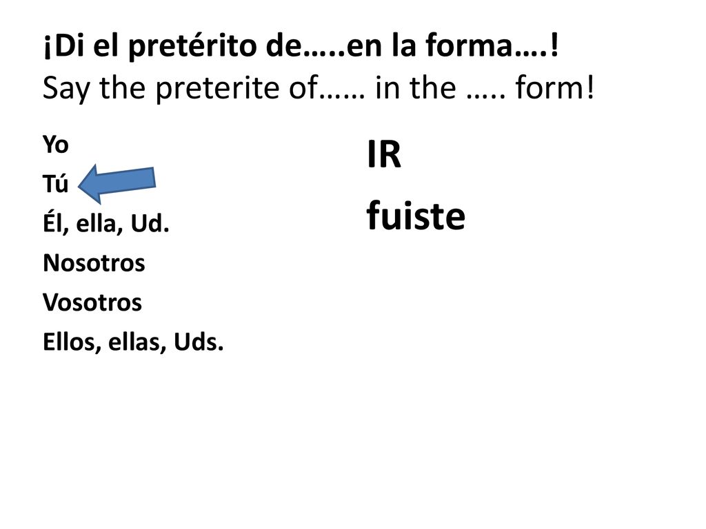 ¡Di el pretérito de…. en la forma…. Say the preterite of…… in the …