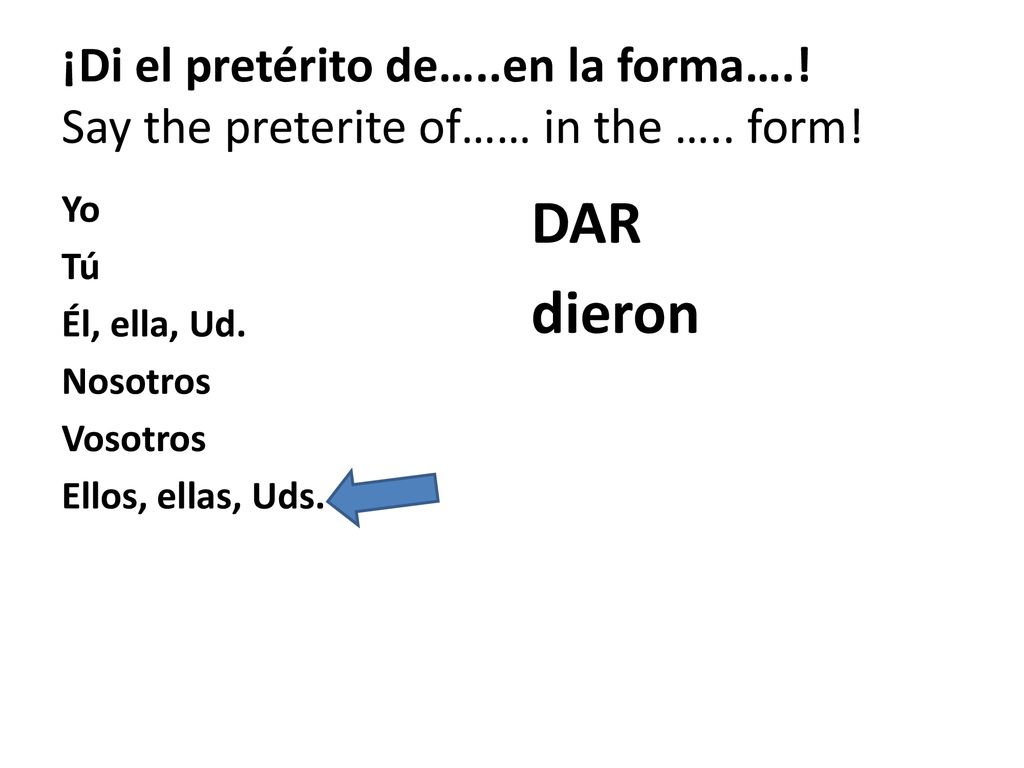 ¡Di el pretérito de…. en la forma…. Say the preterite of…… in the …