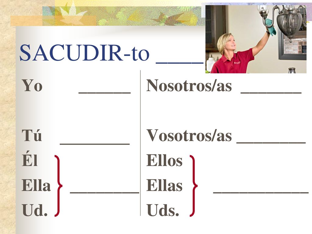 SACUDIR-to ____ Yo ______ Tú ________ Él Ella ________ Ud.