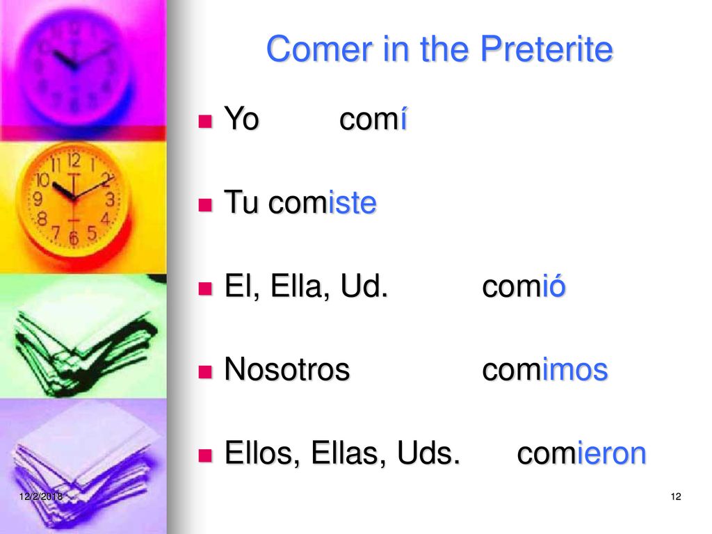 Comer in the Preterite Yo comí Tu comiste El, Ella, Ud. comió