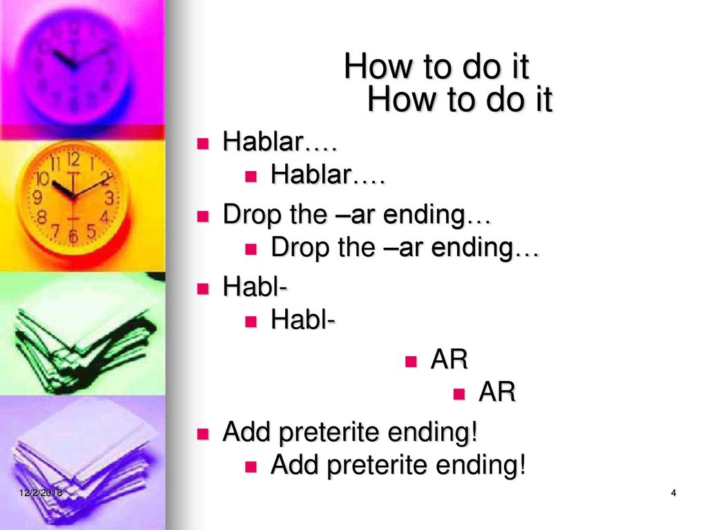 How to do it How to do it Hablar…. Drop the –ar ending… Hablar….