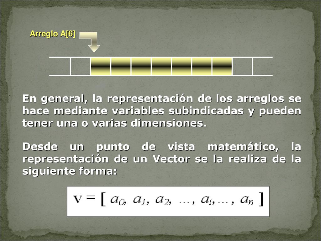 Arreglo A[6] En general, la representación de los arreglos se hace mediante variables subindicadas y pueden tener una o varias dimensiones.