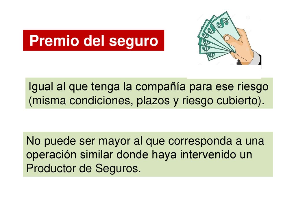Premio del seguro Igual al que tenga la compañía para ese riesgo (misma condiciones, plazos y riesgo cubierto).