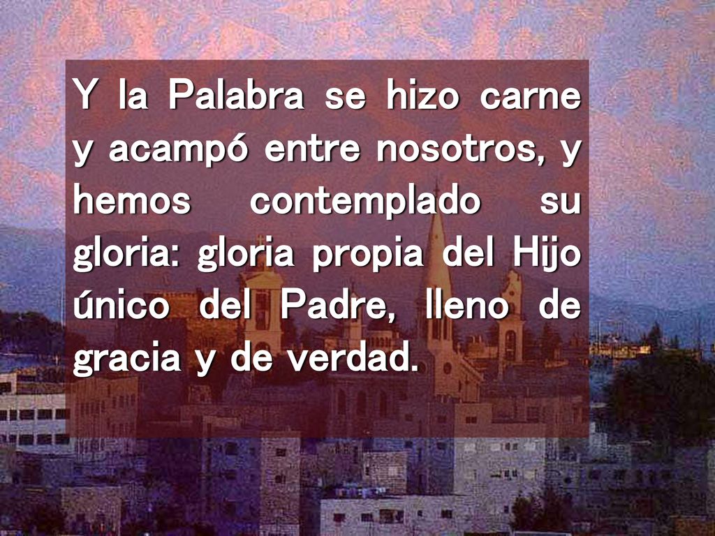 Y la Palabra se hizo carne y acampó entre nosotros, y hemos contemplado su gloria: gloria propia del Hijo único del Padre, lleno de gracia y de verdad.