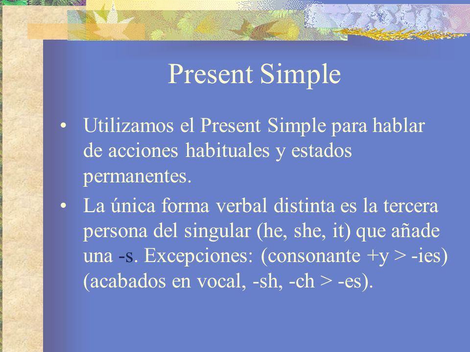 Present Simple Utilizamos el Present Simple para hablar de acciones habituales y estados permanentes.