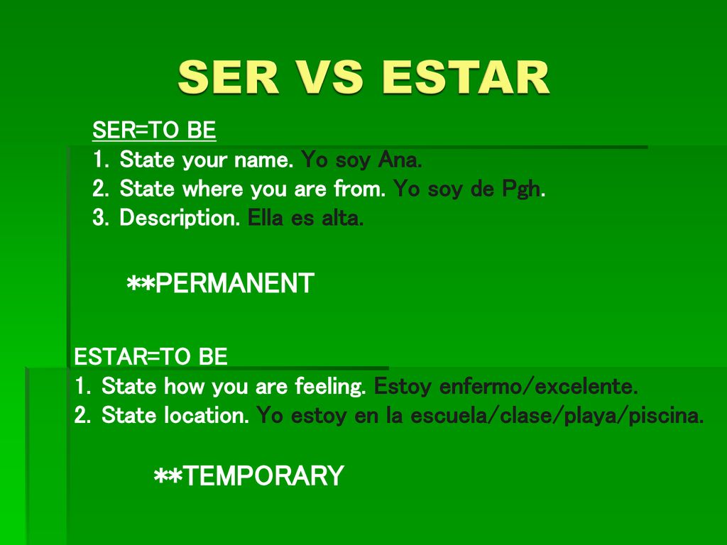 SER VS ESTAR **PERMANENT SER=TO BE State your name. Yo soy Ana.