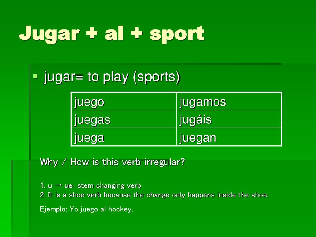 Jugar + al + sport jugar= to play (sports) juego jugamos juegas jugáis