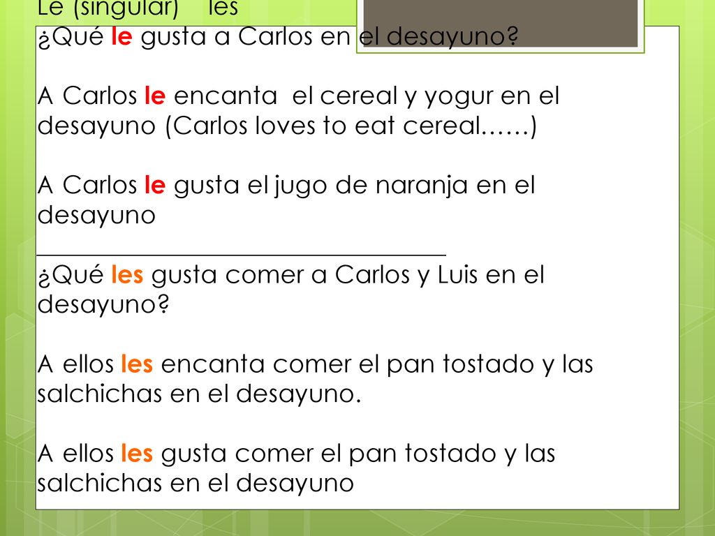 Le (singular) les ¿Qué le gusta a Carlos en el desayuno