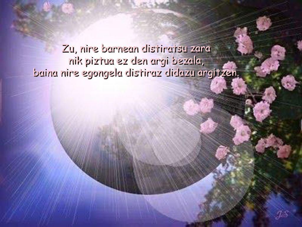 Zu, nire barnean distiratsu zara nik piztua ez den argi bezala, baina nire egongela distiraz didazu argitzen.