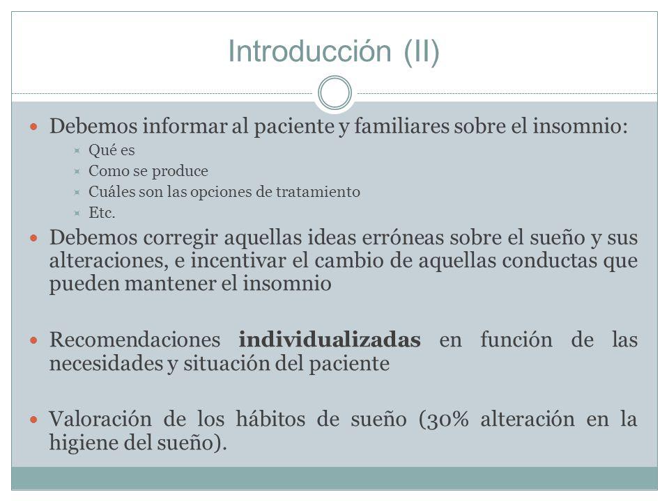 Introducción (II) Debemos informar al paciente y familiares sobre el insomnio: Qué es. Como se produce.