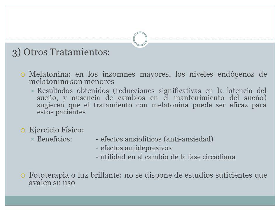 3) Otros Tratamientos: Melatonina: en los insomnes mayores, los niveles endógenos de melatonina son menores.
