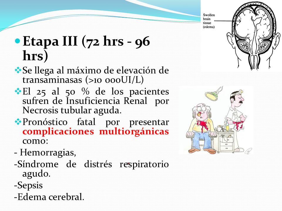 Etapa III (72 hrs - 96 hrs) Se llega al máximo de elevación de transaminasas (>10 000UI/L)
