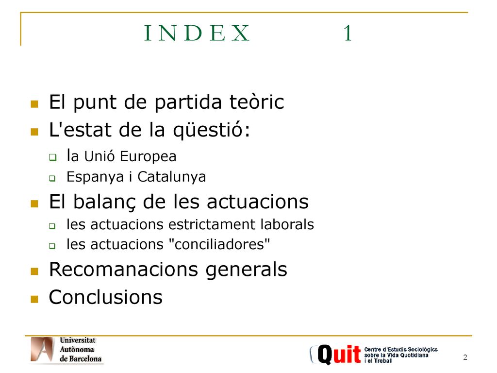I N D E X 1 El punt de partida teòric L estat de la qüestió:
