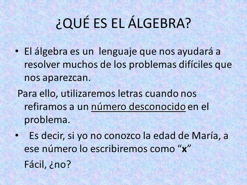 ¿QUÉ ES EL ÁLGEBRA El álgebra es un lenguaje que nos ayudará a resolver muchos de los problemas difíciles que nos aparezcan.