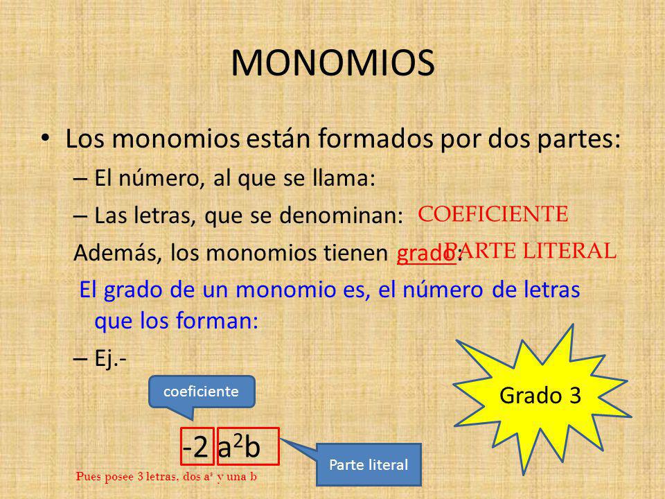 MONOMIOS -2 a2b Los monomios están formados por dos partes: