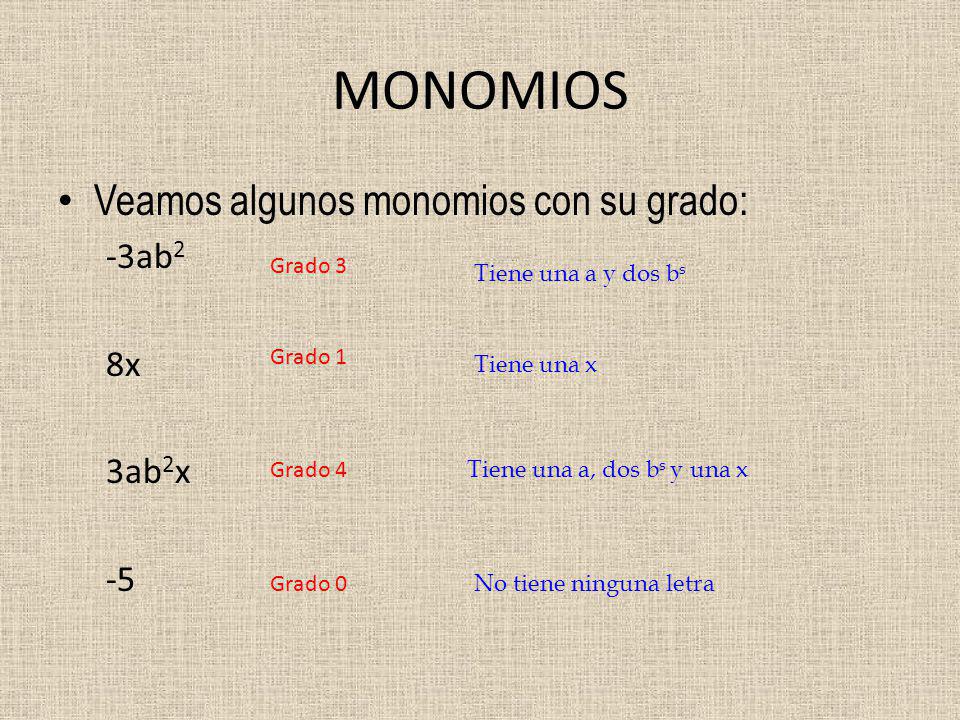 MONOMIOS Veamos algunos monomios con su grado: -3ab2 8x 3ab2x -5