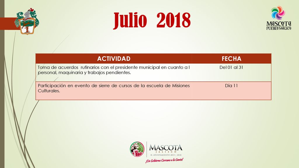 Julio 2018 ACTIVIDAD. FECHA. Toma de acuerdos rutinarios con el presidente municipal en cuanto a l personal, maquinaria y trabajos pendientes.
