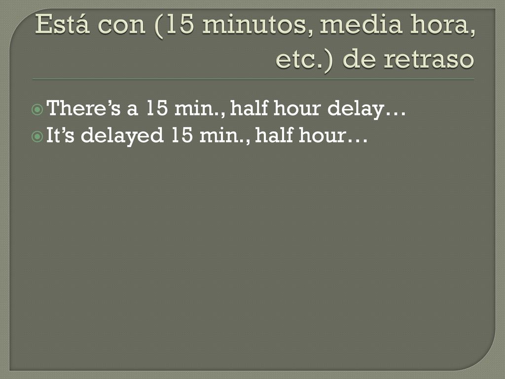 Está con (15 minutos, media hora, etc.) de retraso