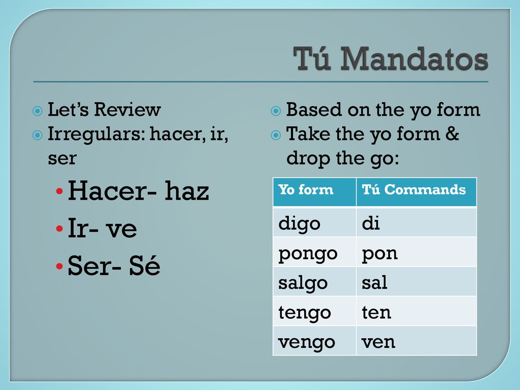 Tú Mandatos Hacer- haz Ir- ve Ser- Sé Let’s Review