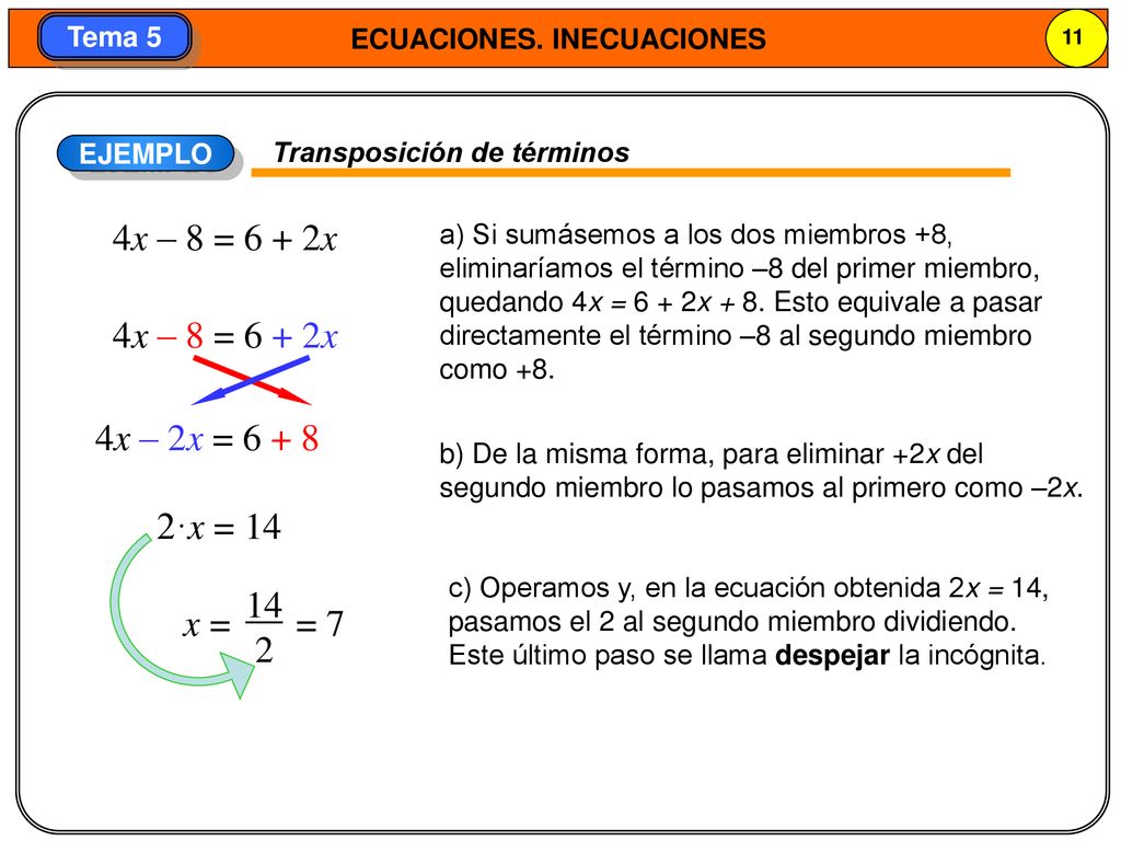 4x – 8 = 6 + 2x 4x – 8 = 6 + 2x 4x – 2x = ·x = x = = 7 2