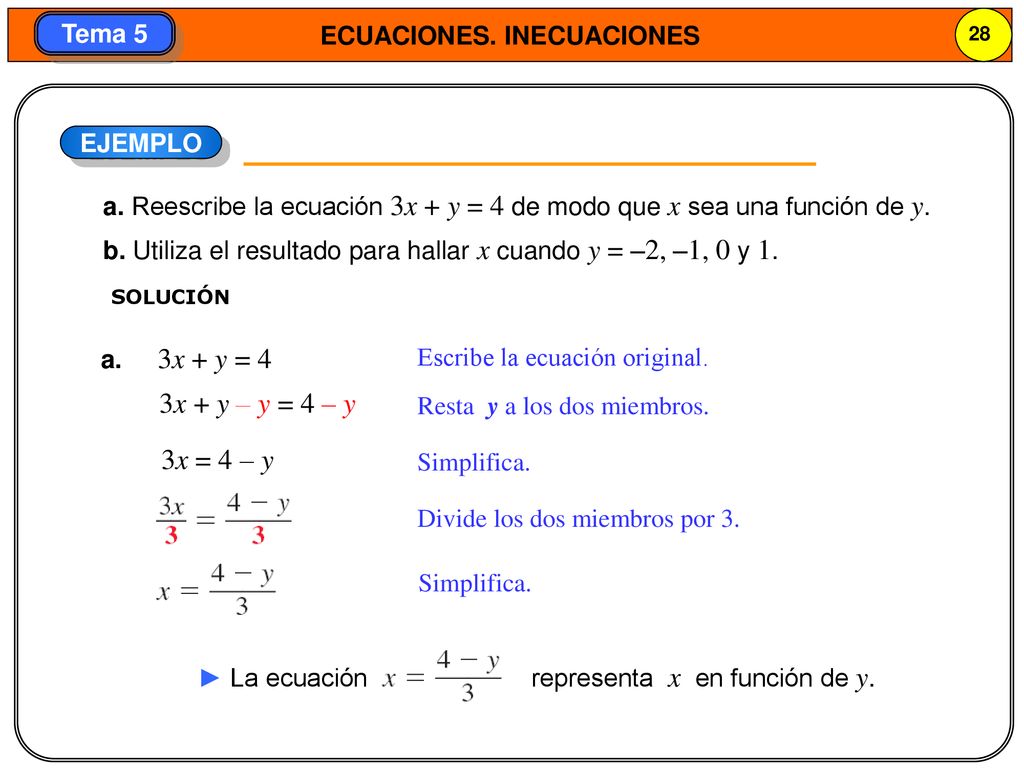 EJEMPLO a. Reescribe la ecuación 3x + y = 4 de modo que x sea una función de y. b. Utiliza el resultado para hallar x cuando y = –2, –1, 0 y 1.