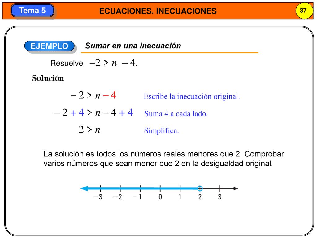 – 2 > n – 4 – > n – > n Sumar en una inecuación