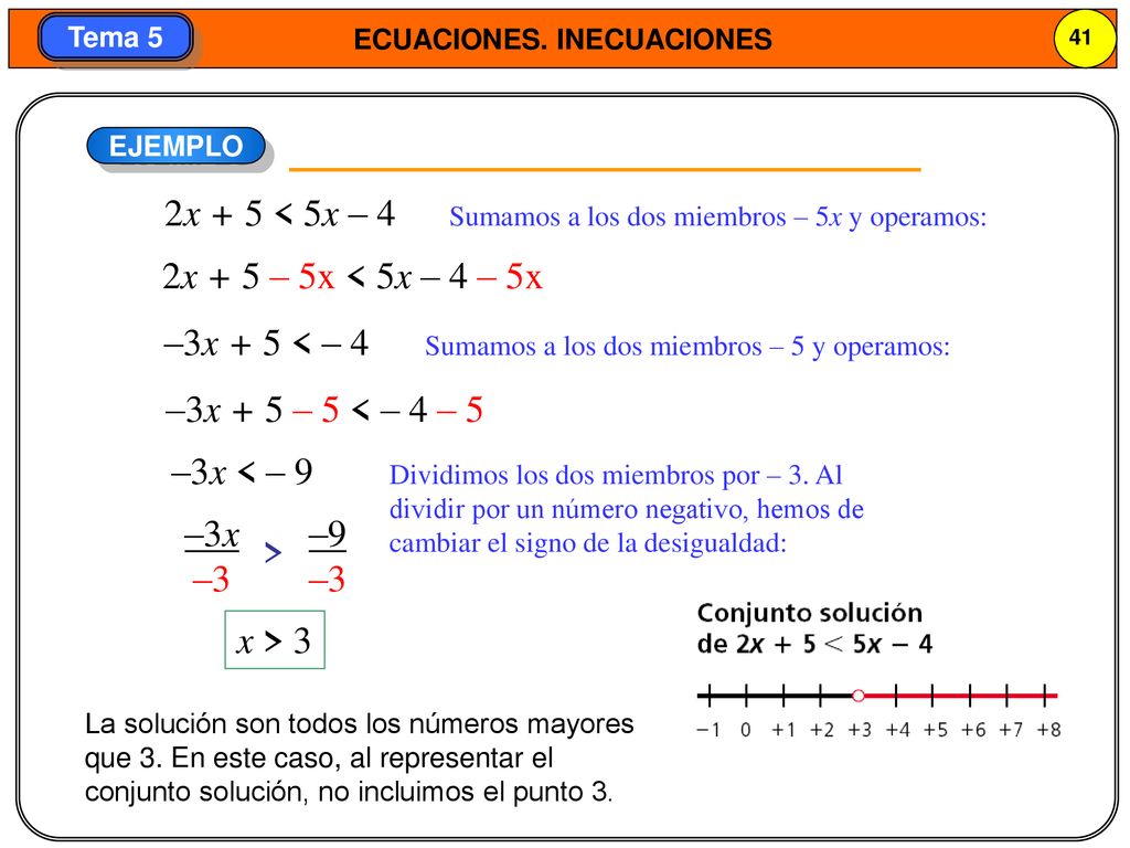 2x + 5 < 5x – 4 2x + 5 – 5x < 5x – 4 – 5x –3x + 5 < – 4