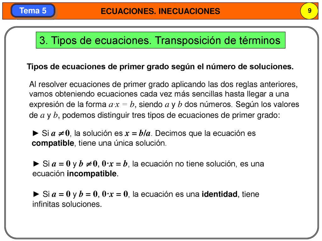 3. Tipos de ecuaciones. Transposición de términos
