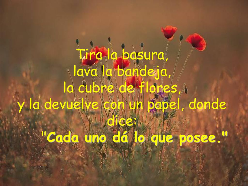 Tira la basura, lava la bandeja, la cubre de flores, y la devuelve con un papel, donde dice: Cada uno dá lo que posee.