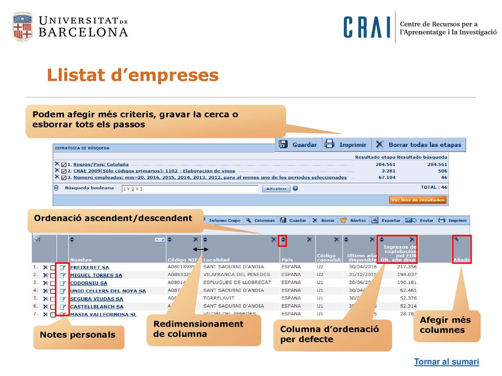 Llistat d’empreses Podem afegir més criteris, gravar la cerca o