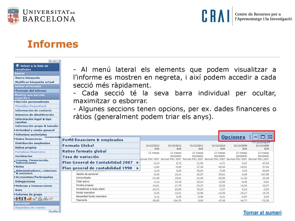 Informes - Al menú lateral els elements que podem visualitzar a l’informe es mostren en negreta, i així podem accedir a cada secció més ràpidament.