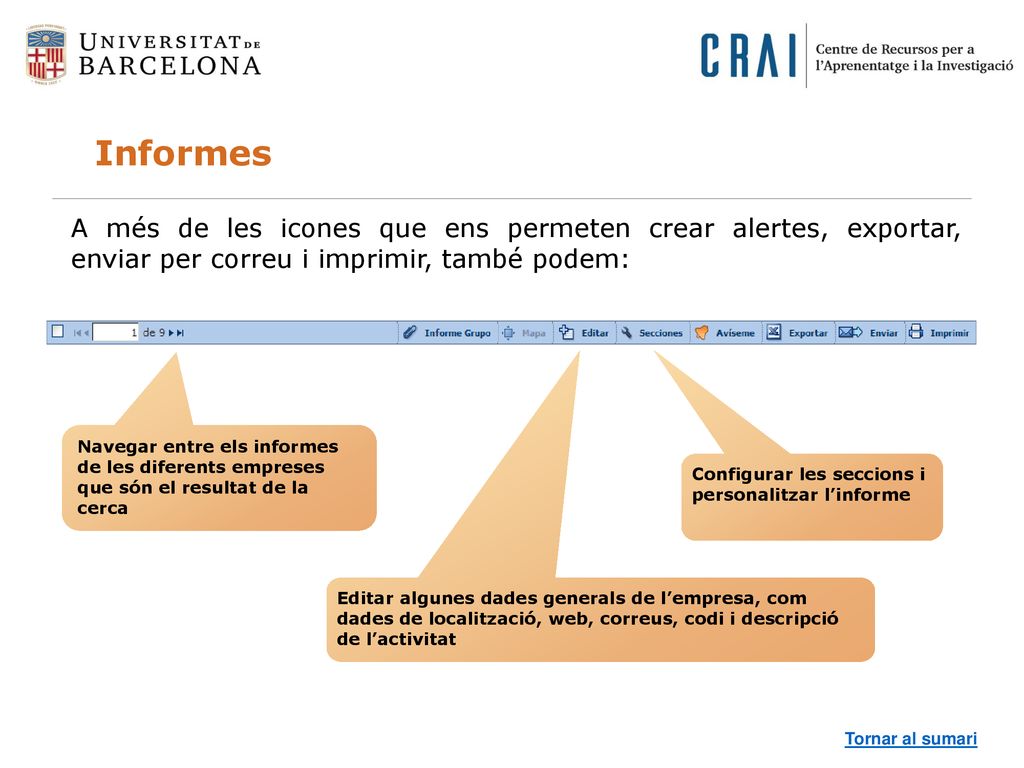 Informes A més de les icones que ens permeten crear alertes, exportar, enviar per correu i imprimir, també podem: